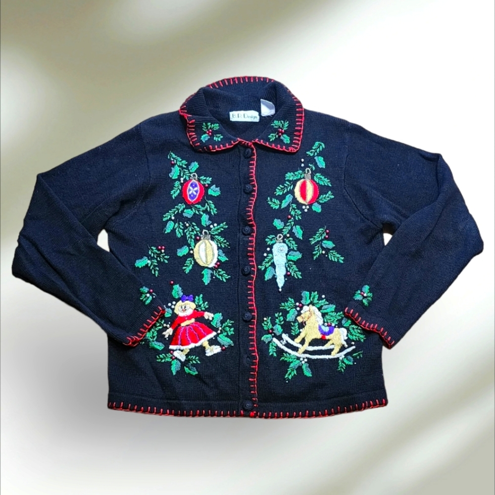 Ugly Christmas Sweater with Ornaments Doll & Rocking Horse B.P. Designs Size S
